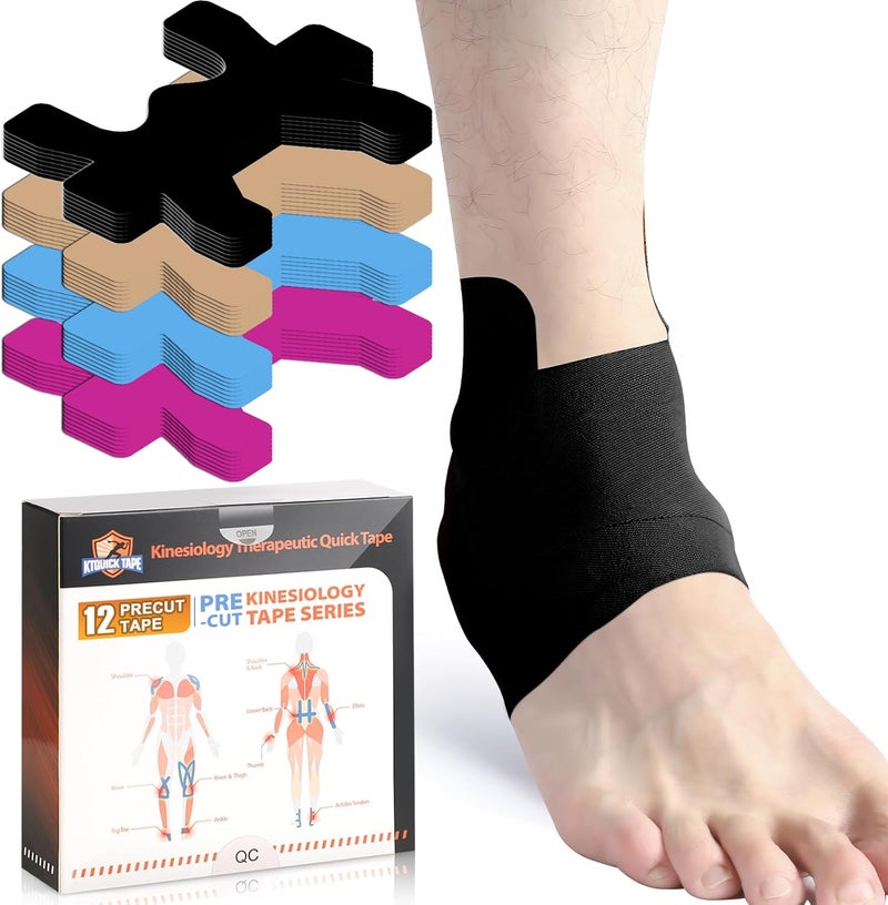 KTQUICK Store Kinesiology Tape for Ankle, 12 Count Ankle Tape Precut, Original Cotton Waterproof & Breathable, Enhance Elastic Kinesiology Athletic Tape for Ankle Support and Muscle to More Sports (Black) - Image 1